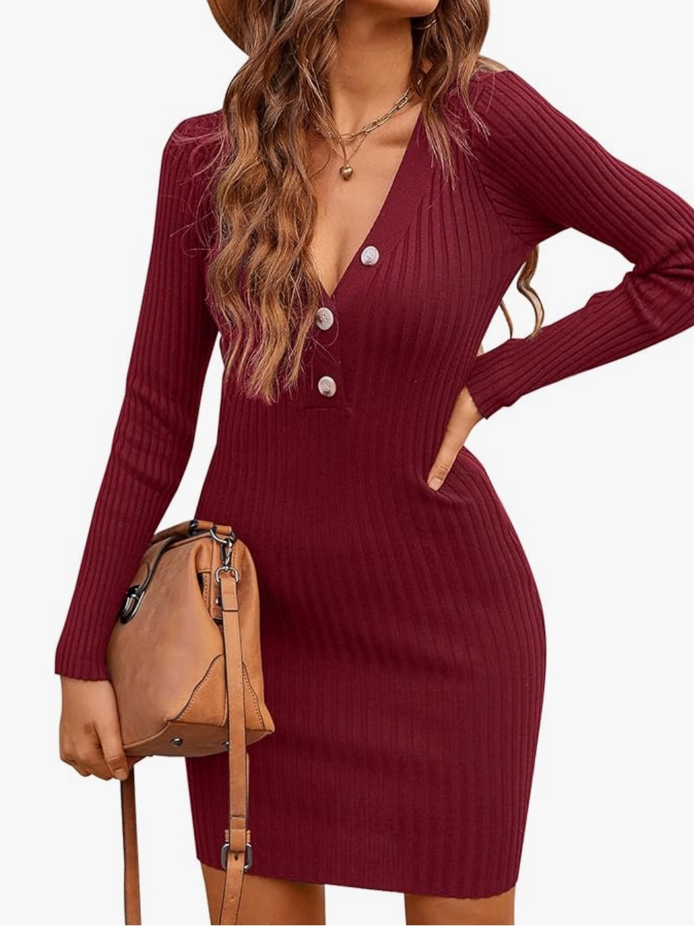 V-Neck Ribbed Long Sleeve Bodycon Dress - Burgundy